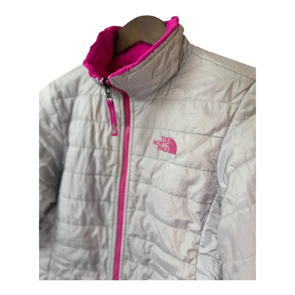 The‎ North Face Girls Reversible Mossbud Swirl Jacket XL Pink Gray Fleece Puffer
